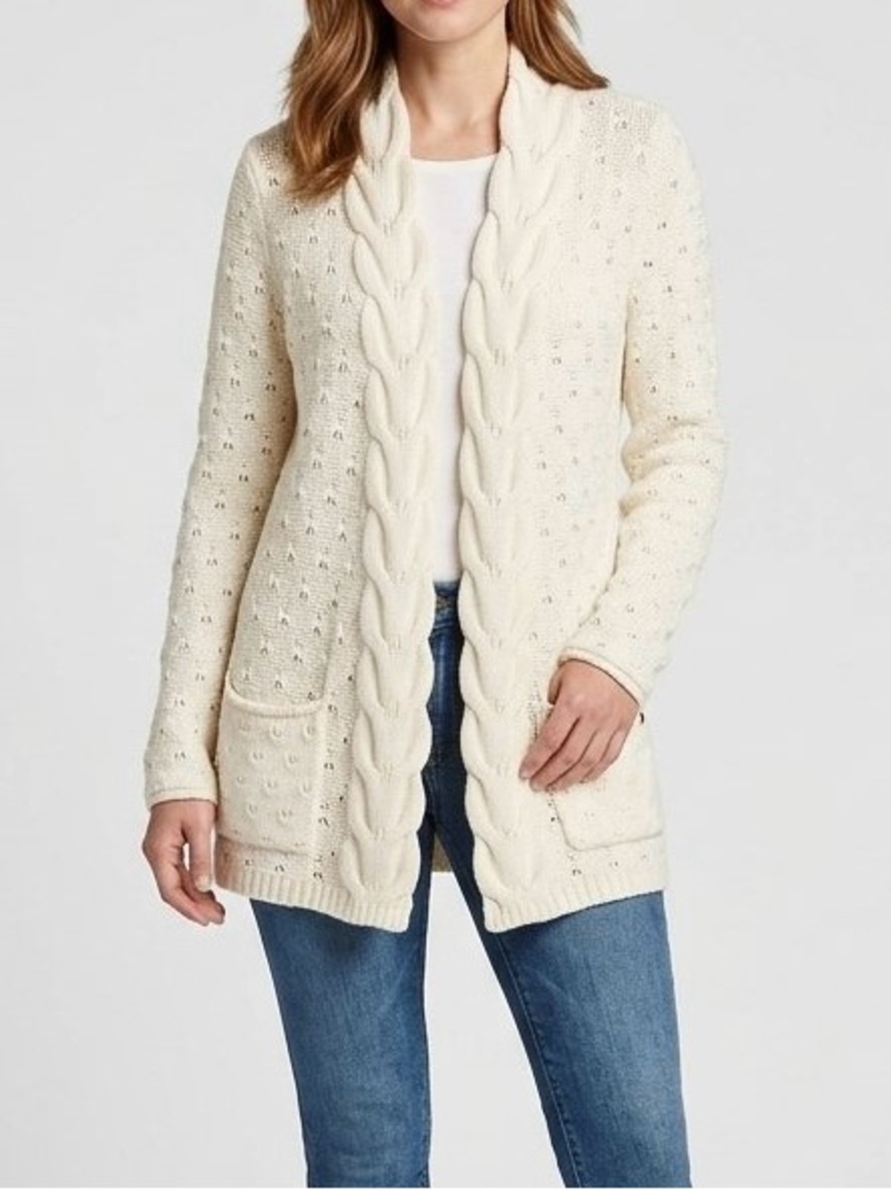 Eddie Bauer Ivory Cable Knit Cardigan Sweater Open Front Wool Blend Pockets XS